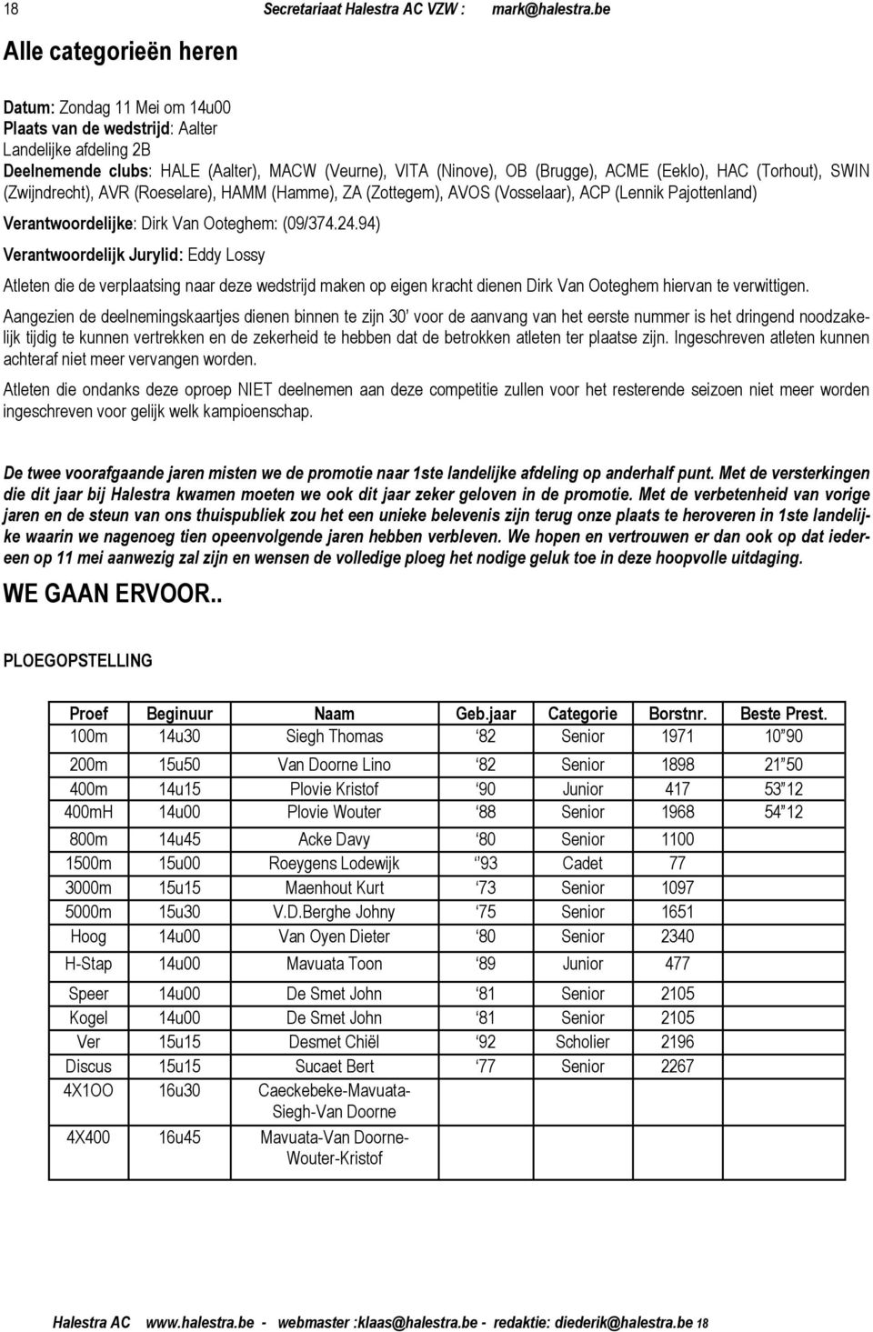 (Eeklo), HAC (Torhout), SWIN (Zwijndrecht), AVR (Roeselare), HAMM (Hamme), ZA (Zottegem), AVOS (Vosselaar), ACP (Lennik Pajottenland) Verantwoordelijke: Dirk Van Ooteghem: (09/374.24.