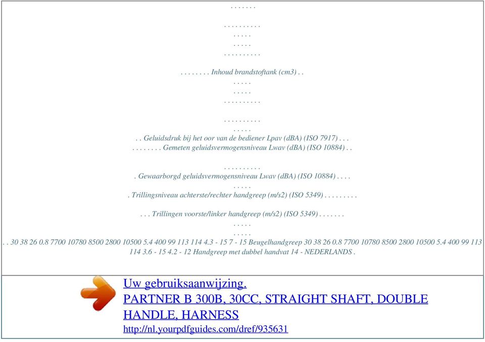 .... Trillingsniveau achterste/rechter handgreep (m/s2) (ISO 5349)....... Trillingen voorste/linker handgreep (m/s2) (ISO 5349).... 30 38 26 0.