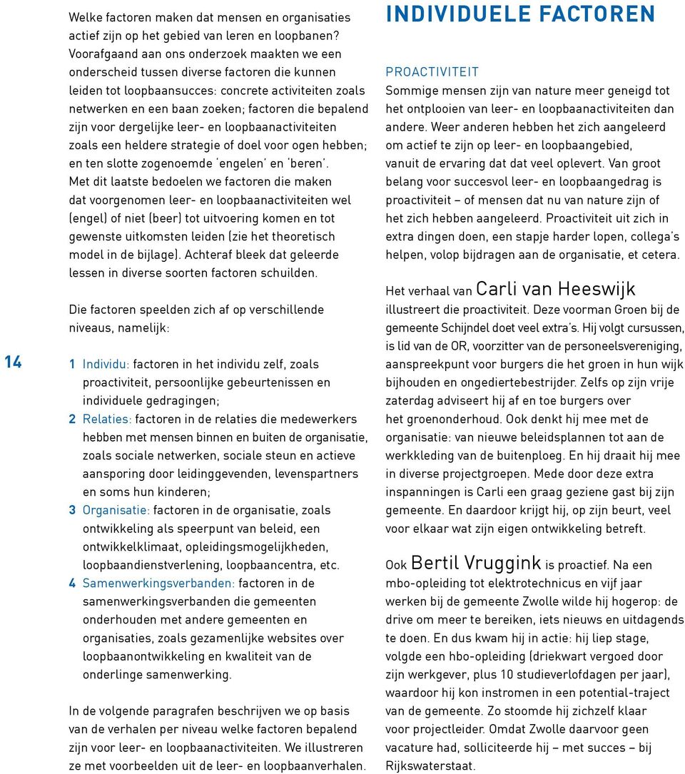 zijn voor dergelijke leer- en loopbaanactiviteiten zoals een heldere strategie of doel voor ogen hebben; en ten slotte zogenoemde engelen en beren.