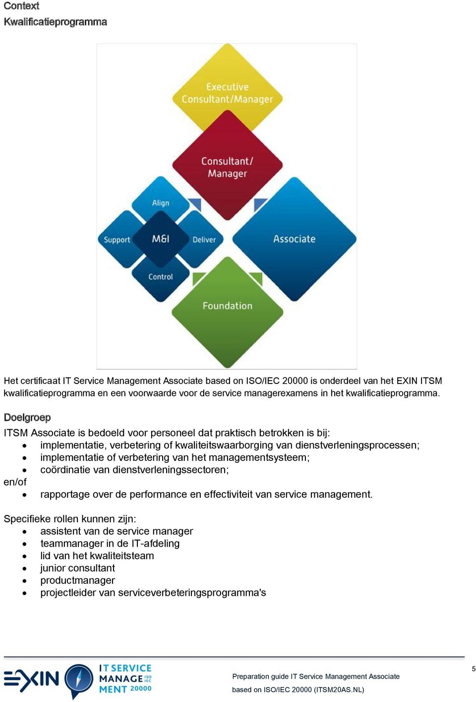 Doelgroep ITSM Associate is bedoeld voor personeel dat praktisch betrokken is bij: implementatie, verbetering of kwaliteitswaarborging van dienstverleningsprocessen; implementatie of verbetering