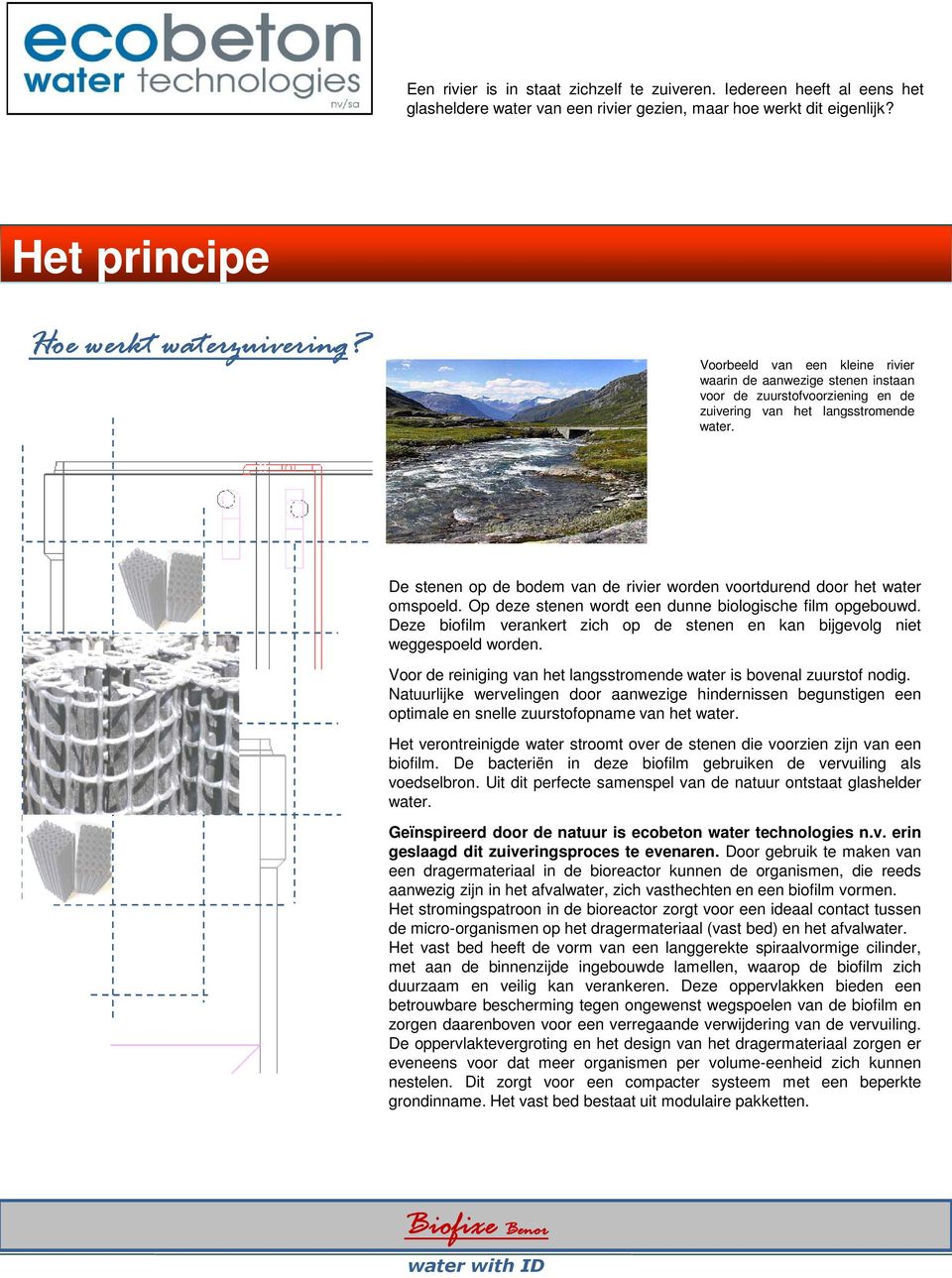 het water omspoeld Op deze stenen wordt een dunne biologische film opgebouwd Deze biofilm verankert zich op de stenen en kan bijgevolg niet weggespoeld worden Voor de reiniging van het langsstromende