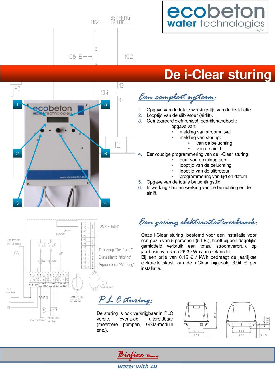 de slibretour programmering van tijd en datum 5 Opgave van de totale beluchtingstijd 6 In werking / buiten werking van de beluchting en de airlift Een gering elektriciteitsverbruik: Onze i-clear