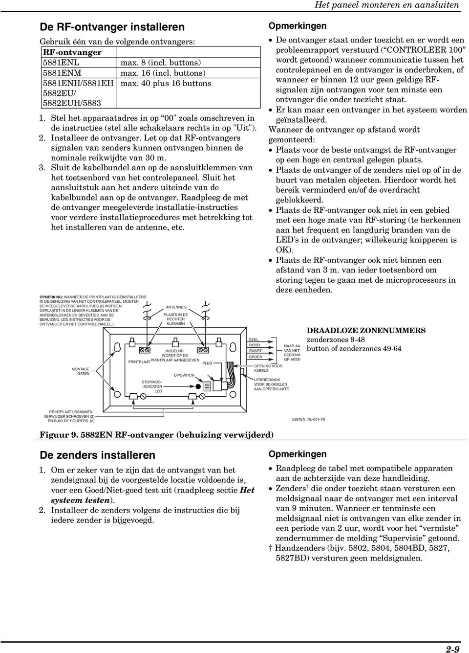 Let op dat RF-ontvangers signalen van zenders kunnen ontvangen binnen de nominale reikwijdte van 30 m. 3. Sluit de kabelbundel aan op de aansluitklemmen van het toetsenbord van het controlepaneel.