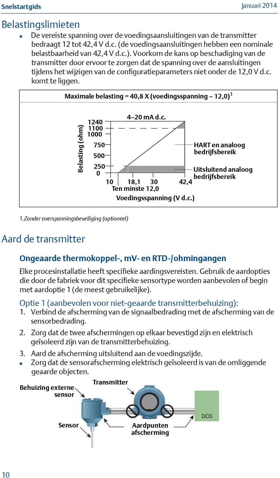 Voorkom de kans op beschadiging van de transmitter door ervoor te zorgen dat de spanning over de aansluitingen tijdens het wijzigen van de configuratieparameters niet onder de 12,0 V d.c. komt te liggen.