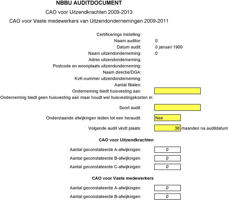 Onderneming biedt geen huisvesting aan maar houdt wel huisvestingskosten in: Soort audit: Onderstaande afwijkingen leiden tot een heraudit: Nee Volgende audit vindt plaats: 36 maanden na auditdatum