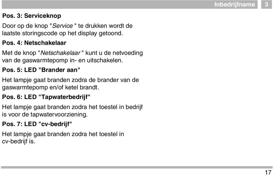 5: LED "Brander aan" Het lampje gaat branden zodra de brander van de gaswarmtepomp en/of ketel brandt. Pos.