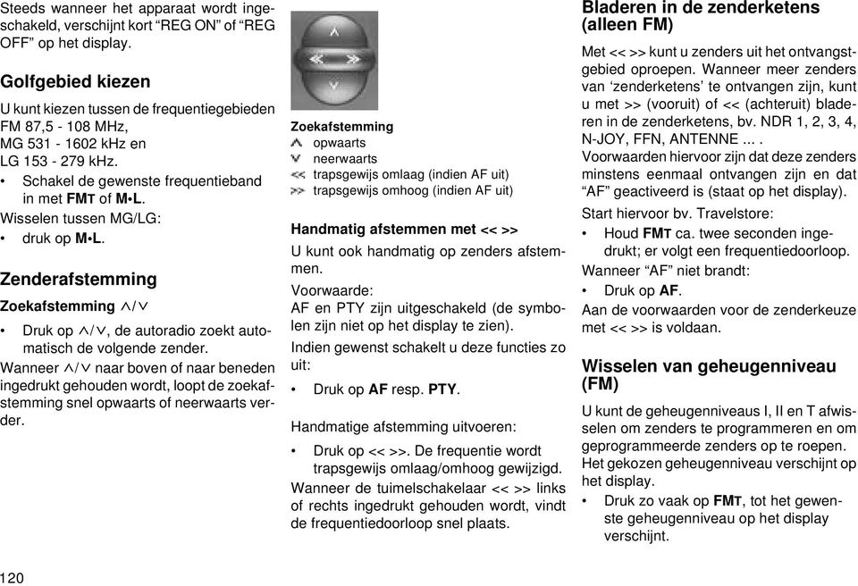 Wisselen tussen MG/LG: druk op M L. Zenderafstemming Zoekafstemming / Druk op /, de autoradio zoekt automatisch de volgende zender.