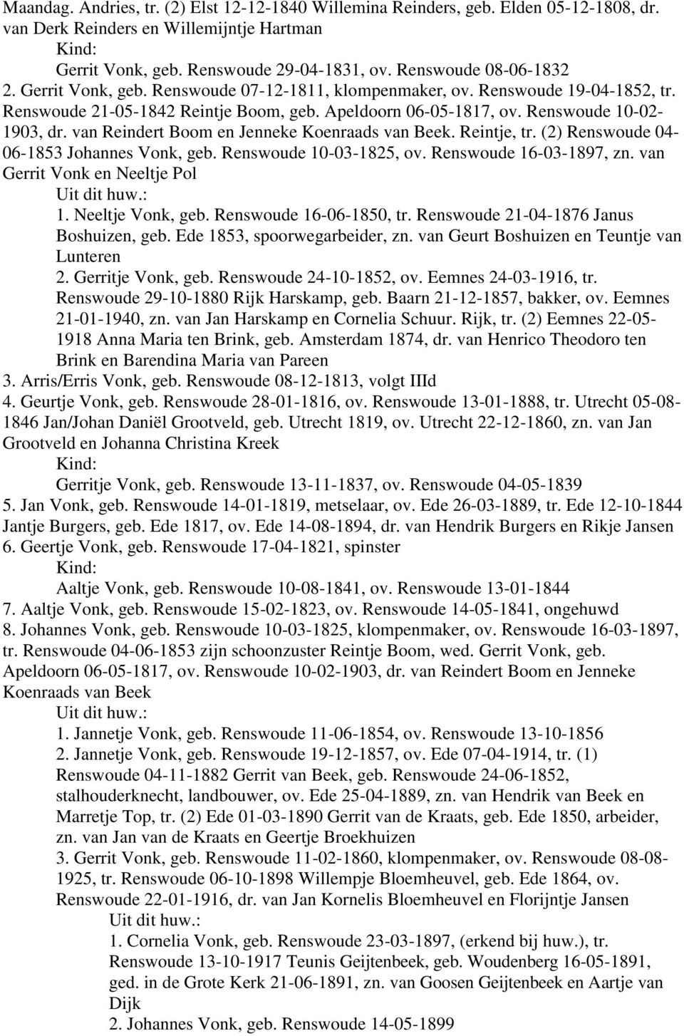 van Reindert Boom en Jenneke Koenraads van Beek. Reintje, tr. (2) Renswoude 04-06-1853 Johannes Vonk, geb. Renswoude 10-03-1825, ov. Renswoude 16-03-1897, zn. van Gerrit Vonk en Neeltje Pol 1.