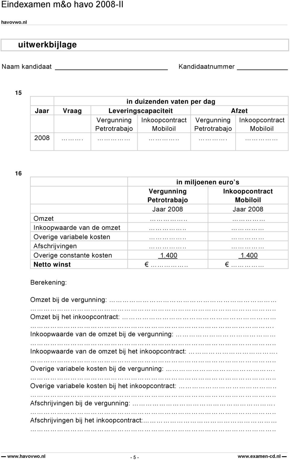 . Overige constante kosten 1.400 1.400 Netto winst.. Berekening: Omzet bij de vergunning:.. Omzet bij het inkoopcontract:. Inkoopwaarde van de omzet bij de vergunning:.