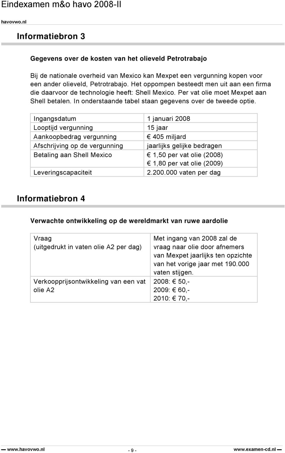 Ingangsdatum 1 januari 2008 Looptijd vergunning 15 jaar Aankoopbedrag vergunning 405 miljard Afschrijving op de vergunning jaarlijks gelijke bedragen Betaling aan Shell Mexico 1,50 per vat olie