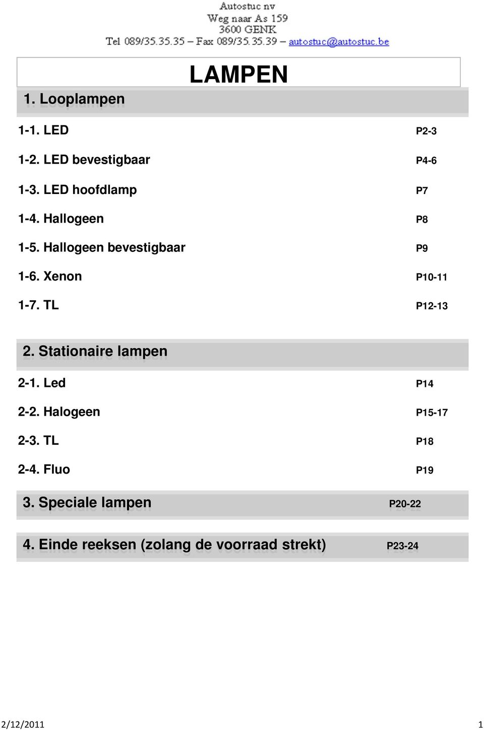 Xenon P10-11 1-7. TL P12-13 2. Stationaire lampen 2-1. Led P14 2-2.