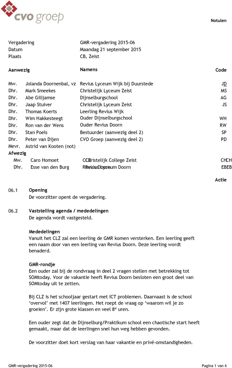 Wim Hakkesteegt Ouder Dijnselburgschool WH Dhr. Ron van der Wens Ouder Revius Doorn RW Dhr. Stan Poels Bestuurder (aanwezig deel 2) SP Dhr. Peter van Dijen CVO Groep (aanwezig deel 2) PD Mevr.