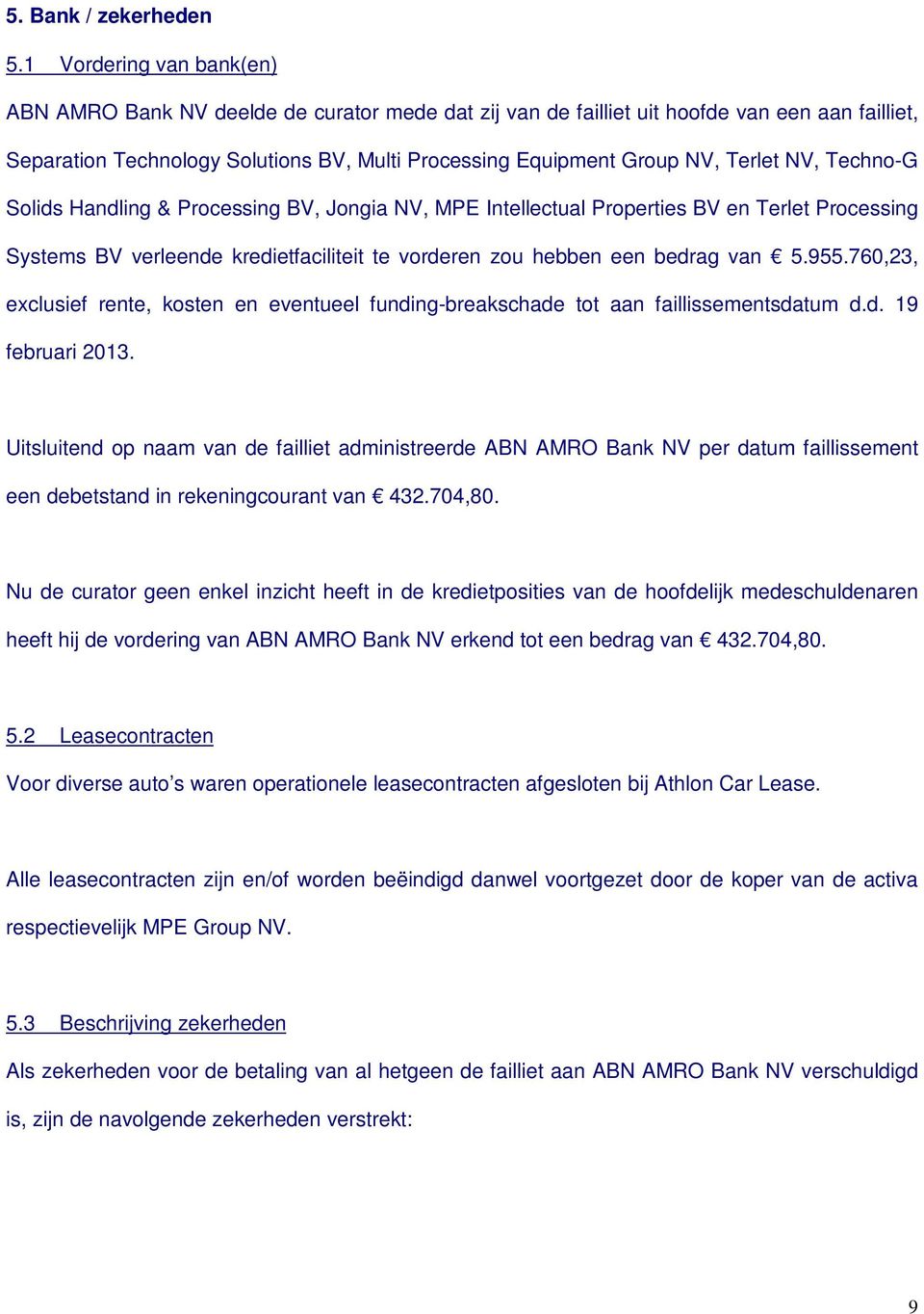 Terlet NV, Techno-G Solids Handling & Processing BV, Jongia NV, MPE Intellectual Properties BV en Terlet Processing Systems BV verleende kredietfaciliteit te vorderen zou hebben een bedrag van 5.955.