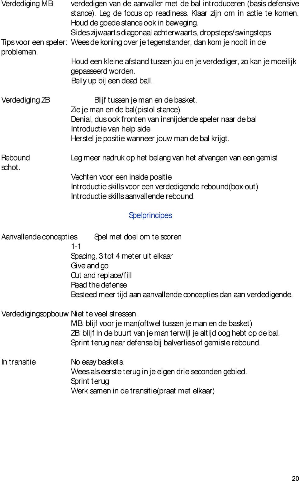 Houd een kleine afstand tussen jou en je verdediger, zo kan je moeilijk gepasseerd worden. Belly up bij een dead ball. Verdediging ZB Rebound schot. Blijf tussen je man en de basket.