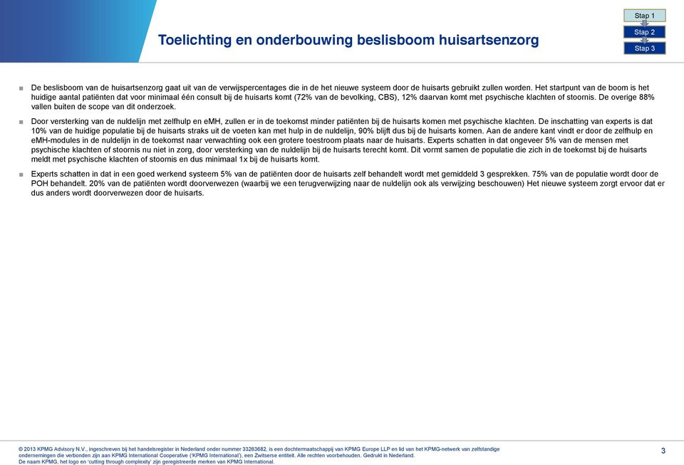 De overige 88% vallen buiten de scope van dit onderzoek. Door versterking van de nuldelijn met zelfhulp en emh, zullen er in de toekomst minder patiënten bij de huisarts komen met psychische klachten.