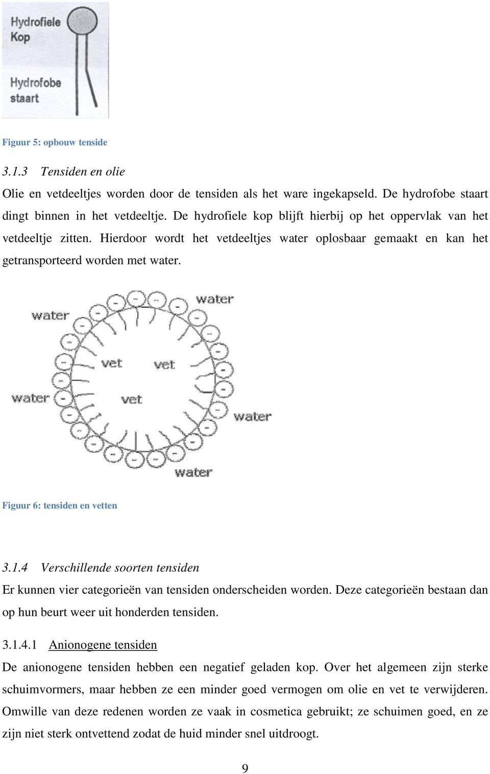 Figuur 6: tensiden en vetten 3.1.4 Verschillende soorten tensiden Er kunnen vier categorieën van tensiden onderscheiden worden. Deze categorieën bestaan dan op hun beurt weer uit honderden tensiden.