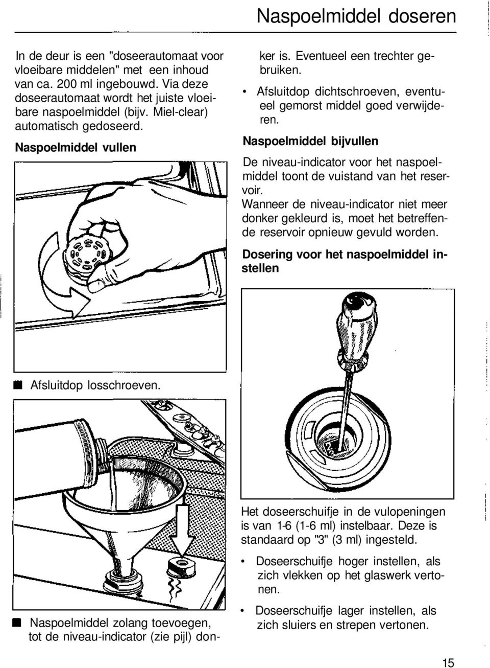 Naspoelmiddel bijvullen De niveau-indicator voor het naspoelmiddel toont de vuistand van het reservoir.