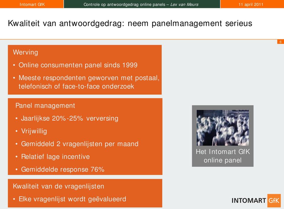 Jaarlijkse 20%-25% verversing Vrijwillig Gemiddeld 2 vragenlijsten per maand Relatief lage incentive