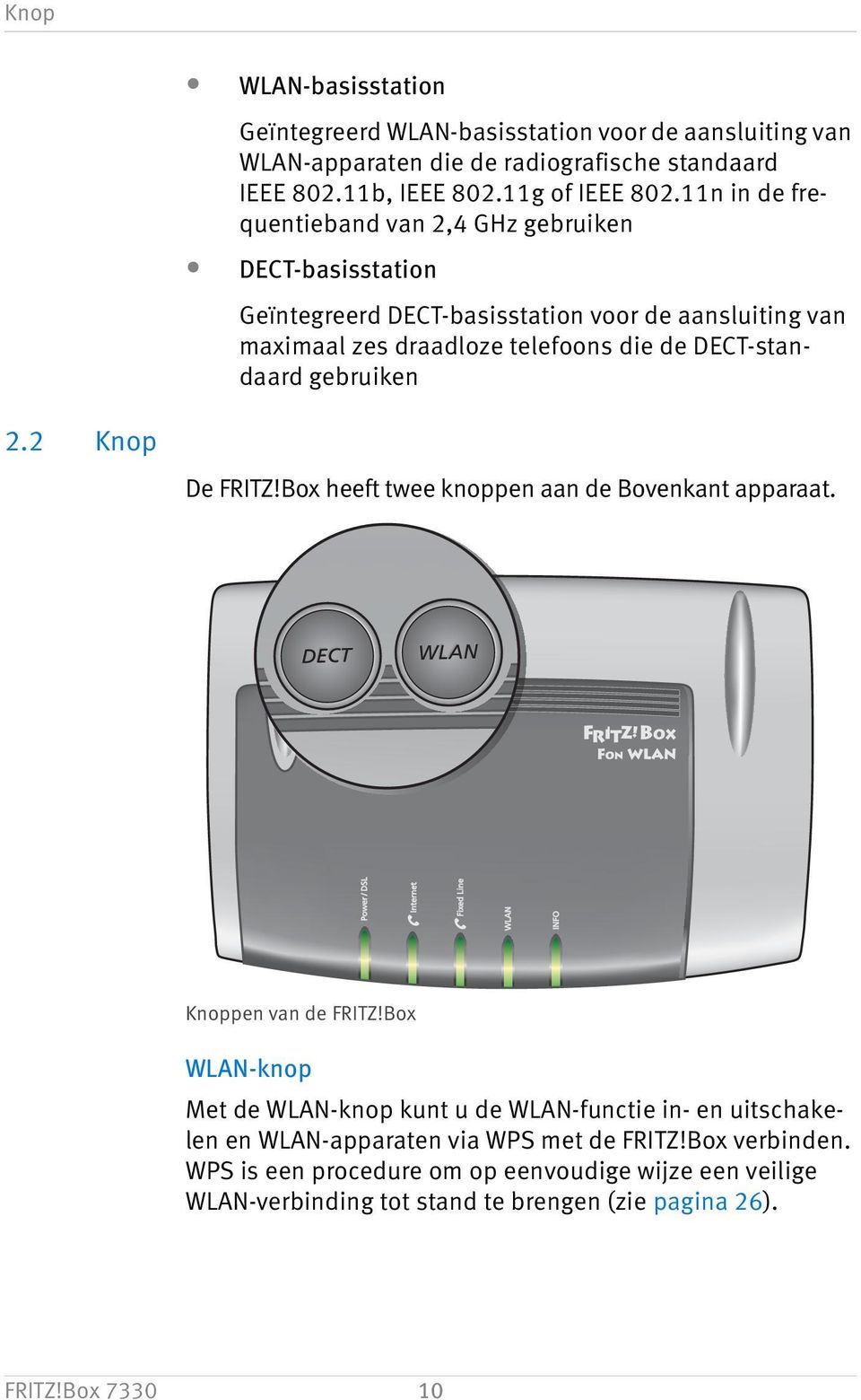 2 Knop De FRITZ!Box heeft twee knoppen aan de Bovenkant apparaat. DECT WLAN WLAN Power / DSL Internet Fixed Line WLAN INFO Knoppen van de FRITZ!