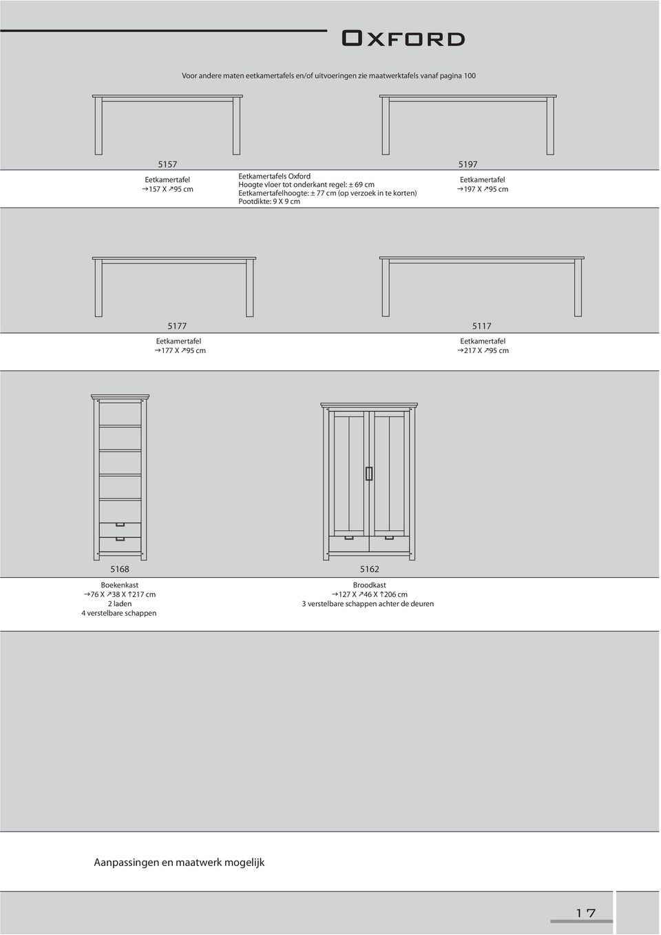 X 9 cm Eetkamertafel 197 X 95 cm 5177 5117 Eetkamertafel 177 X 95 cm Eetkamertafel 217 X 95 cm 5168 Boekenkast 76 X 38 X 217 cm 2