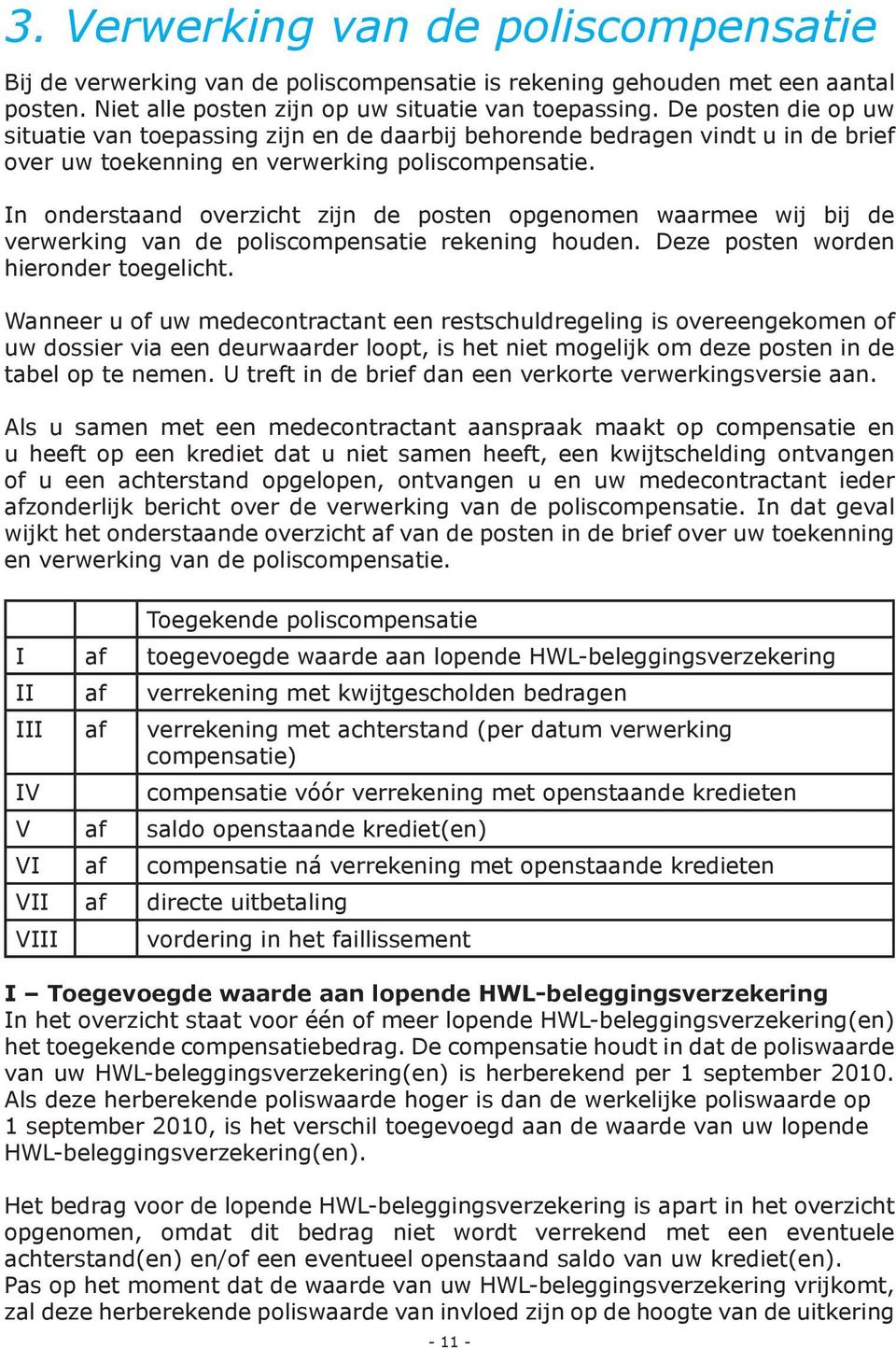 In onderstaand overzicht zijn de posten opgenomen waarmee wij bij de verwerking van de poliscompensatie rekening houden. Deze posten worden hieronder toegelicht.