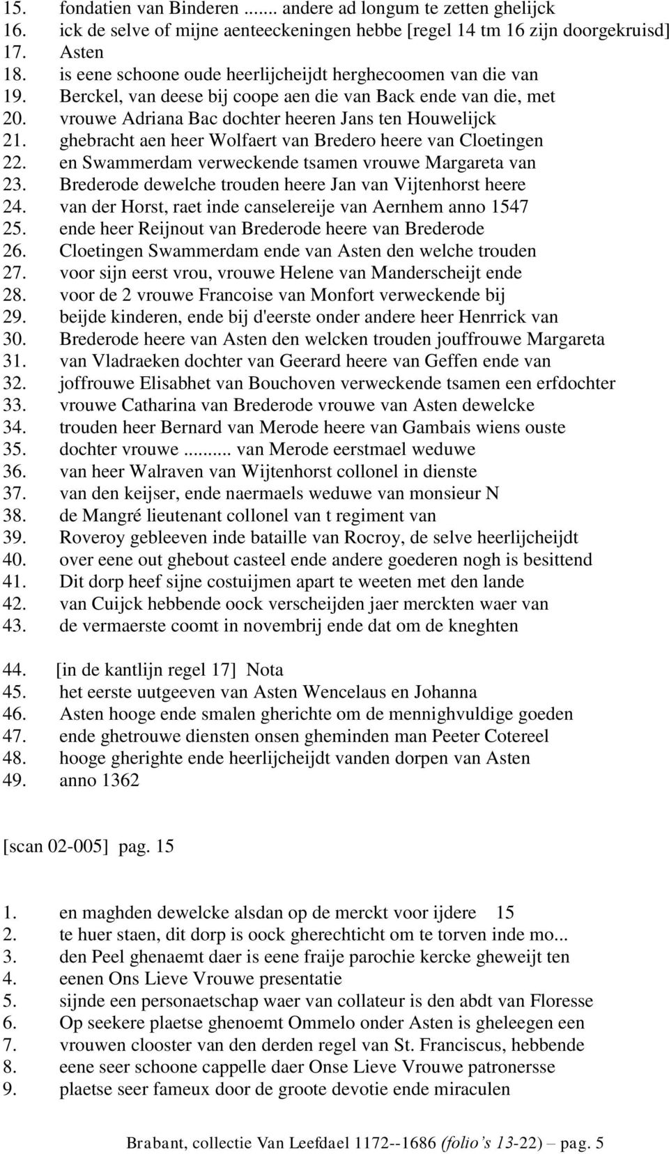 ghebracht aen heer Wolfaert van Bredero heere van Cloetingen 22. en Swammerdam verweckende tsamen vrouwe Margareta van 23. Brederode dewelche trouden heere Jan van Vijtenhorst heere 24.
