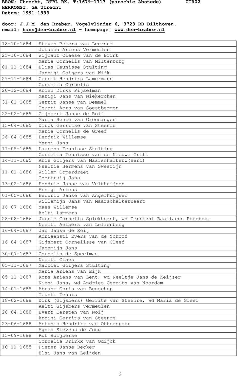 Janse de Roij Maria Sente van Groeningen 15-04-1685 Dirck Gerritse van Steenre Maria Cornelis de Greef 26-04-1685 Hendrik Willemse Mergi Jans 11-05-1685 Laurens Teunisse Stulting Cornelia Teunisse