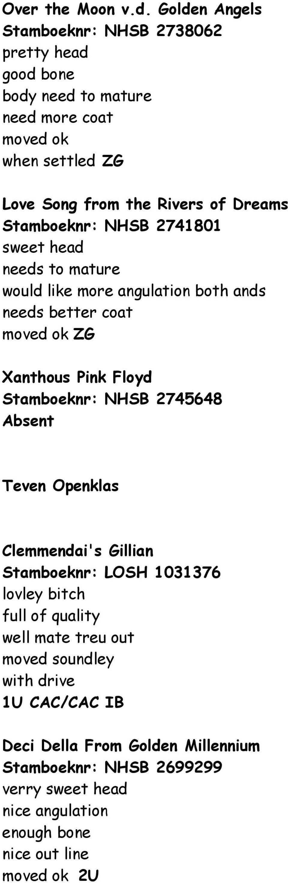 Stamboeknr: NHSB 2741801 sweet head needs to mature would like more angulation both ands needs better coat moved ok ZG Xanthous Pink Floyd Stamboeknr: NHSB