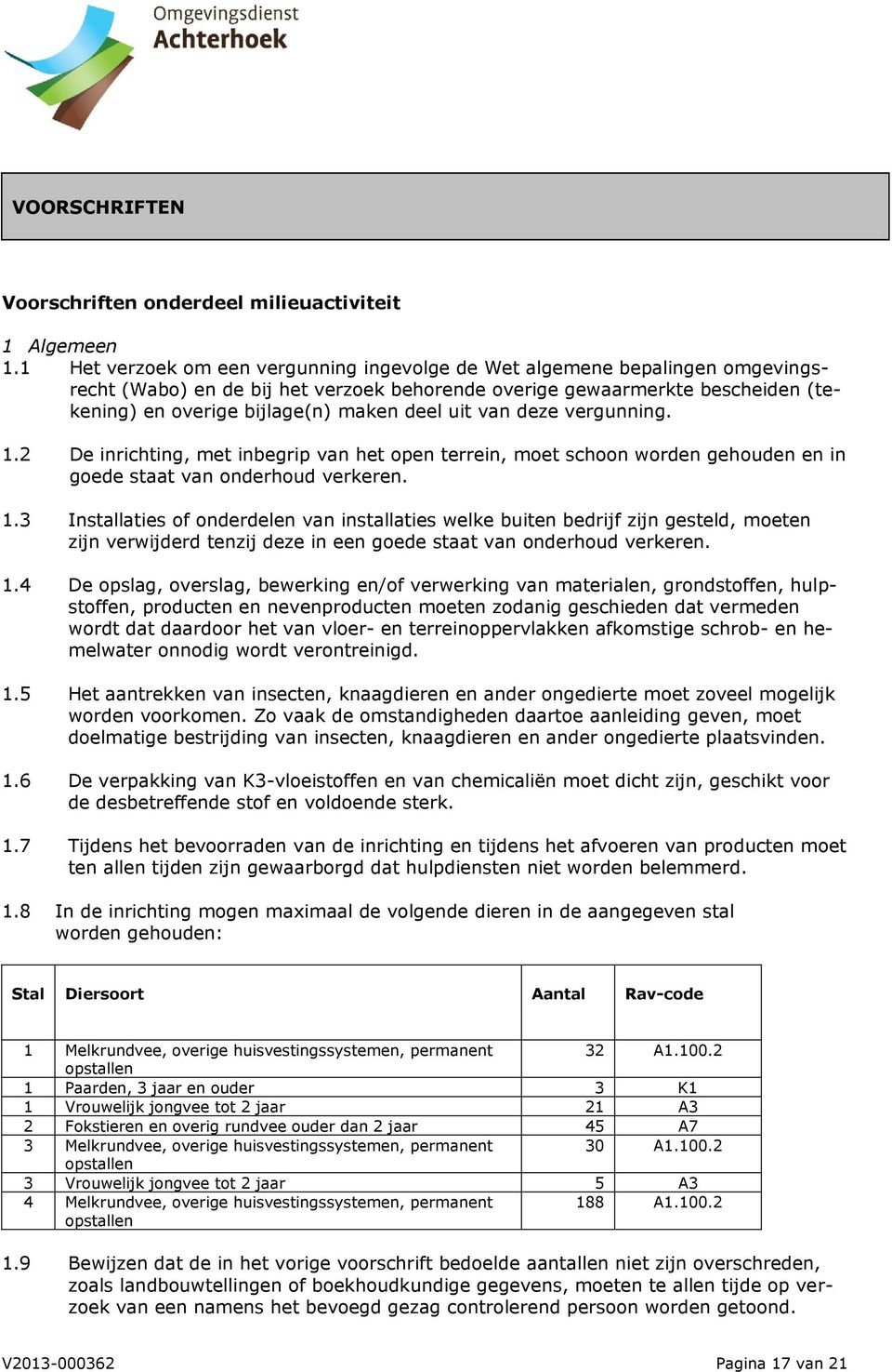 uit van deze vergunning. 1.2 De inrichting, met inbegrip van het open terrein, moet schoon worden gehouden en in goede staat van onderhoud verkeren. 1.3 Installaties of onderdelen van installaties welke buiten bedrijf zijn gesteld, moeten zijn verwijderd tenzij deze in een goede staat van onderhoud verkeren.