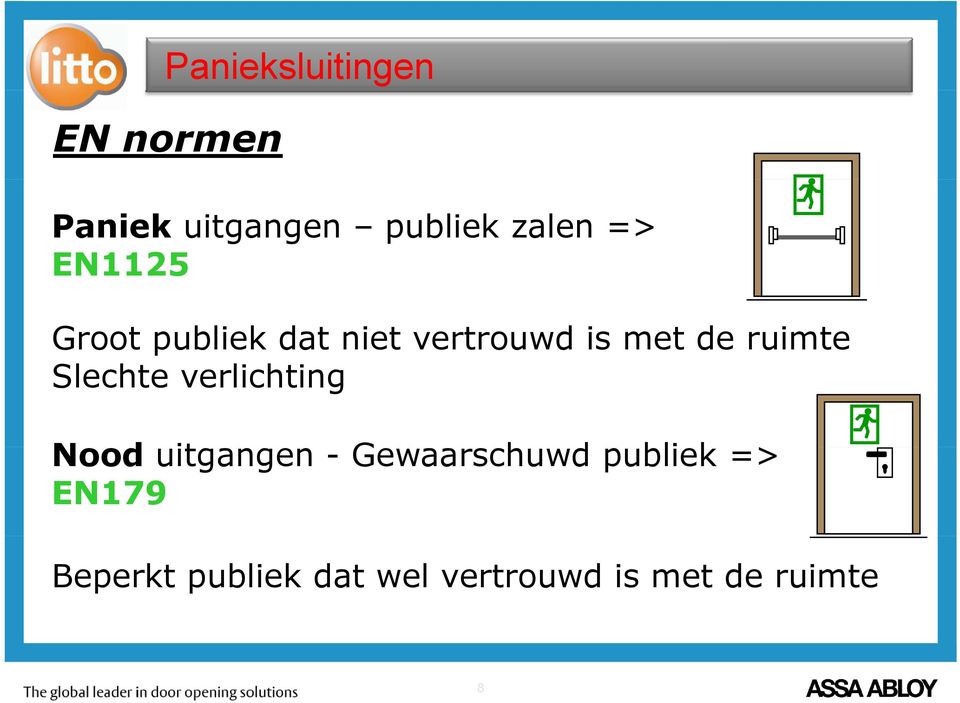 Slechte verlichting Nood uitgangen - Gewaarschuwd publiek