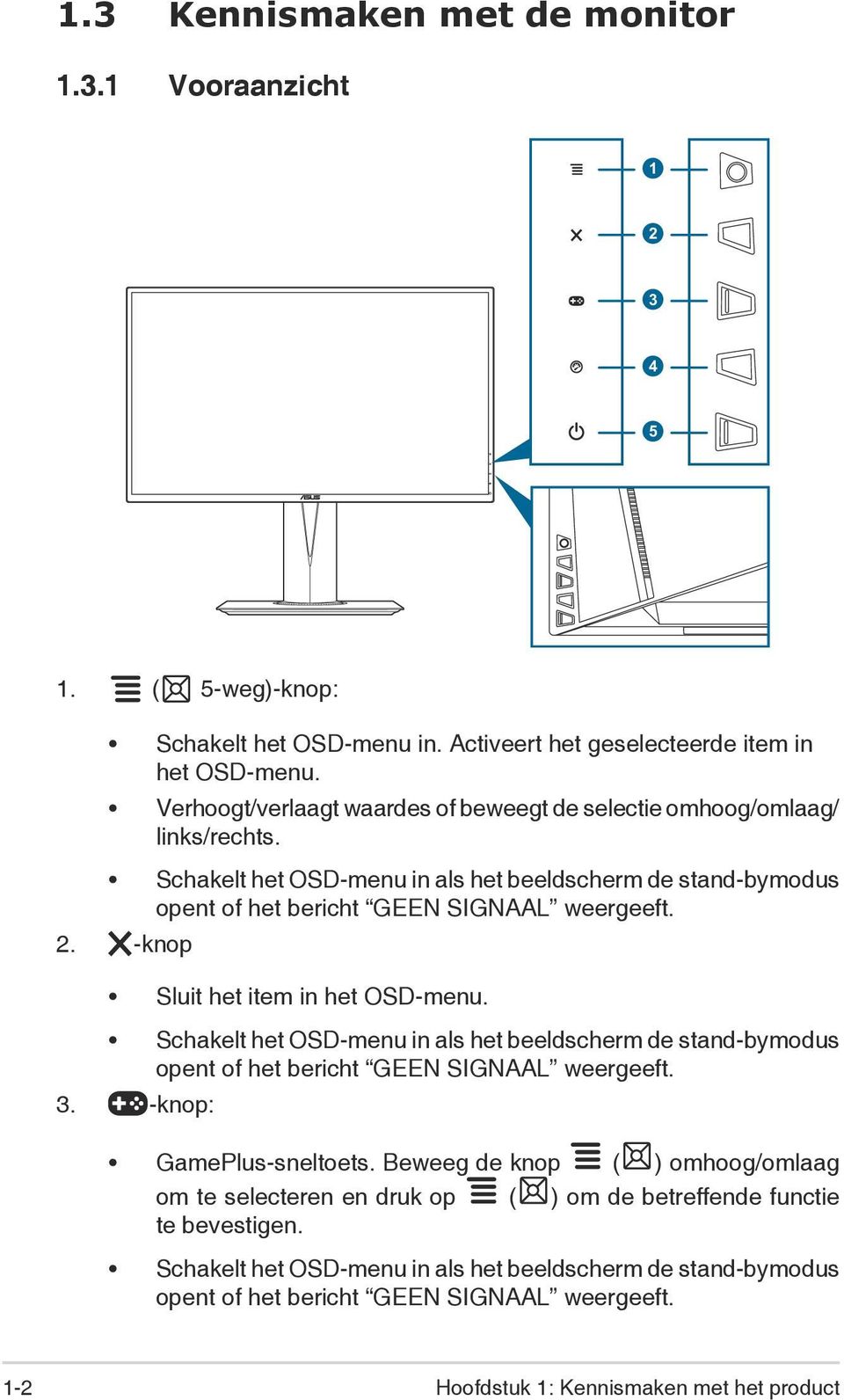 -knop Sluit het item in het OSD-menu. Schakelt het OSD-menu in als het beeldscherm de stand-bymodus opent of het bericht GEEN SIGNAAL weergeeft. 3. -knop: GamePlus-sneltoets.