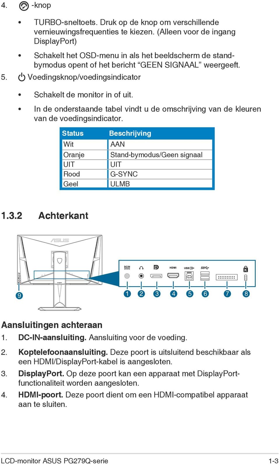 Voedingsknop/voedingsindicator Schakelt de monitor in of uit. In de onderstaande tabel vindt u de omschrijving van de kleuren van de voedingsindicator.