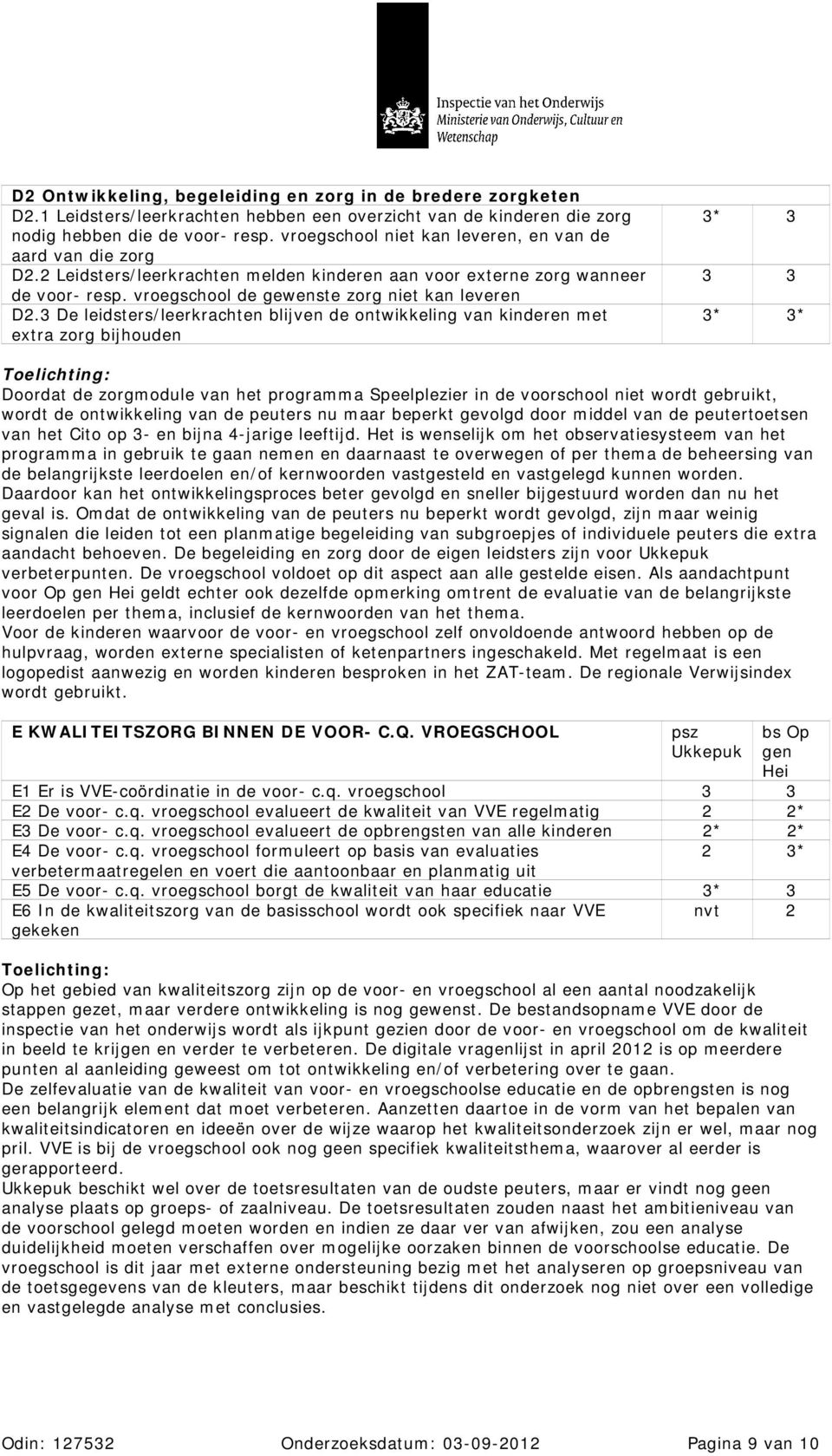 3 De leidsters/leerkrachten blijven de ontwikkeling van kinderen met extra zorg bijhouden 3* 3 3* 3* Doordat de zorgmodule van het programma Speelplezier in de voorschool niet wordt gebruikt, wordt