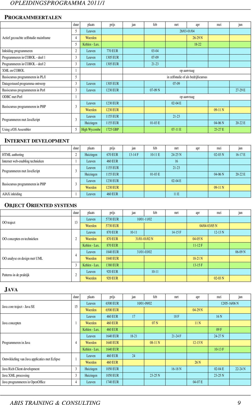 Basiscursus programmeren in PL/I 5 in zelfstudie of als bedrijfscursus Datagestuurd programma-ontwerp 3 Leuven 1305 EUR 07-09 Basiscursus programmeren in Perl 3 Leuven 1230 EUR 07-09 N 27-29 E ODBC