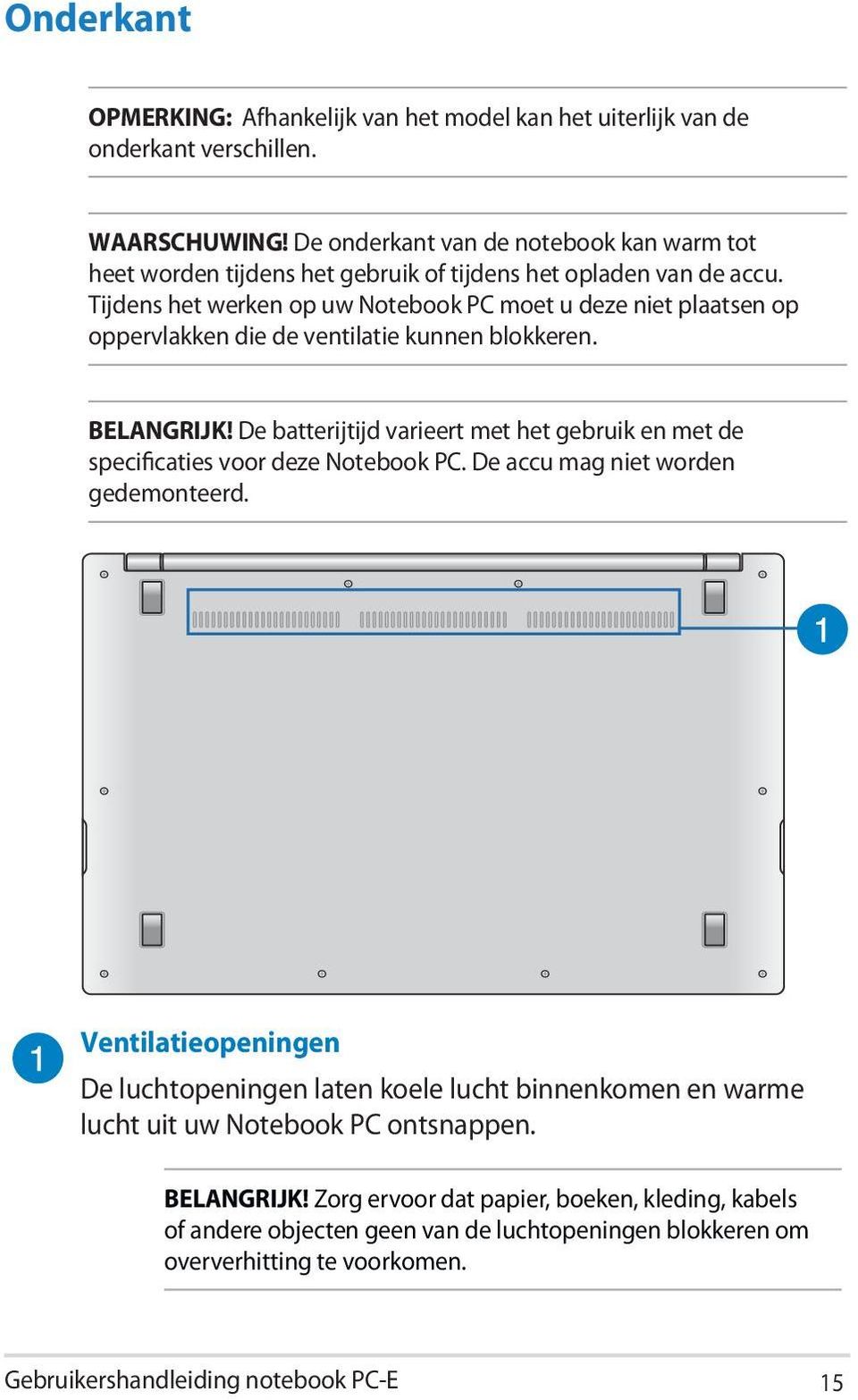 Tijdens het werken op uw Notebook PC moet u deze niet plaatsen op oppervlakken die de ventilatie kunnen blokkeren. BELANGRIJK!