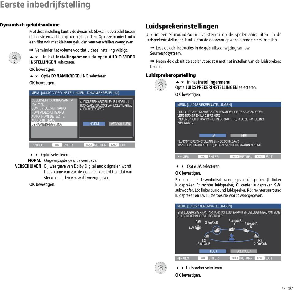 56 In het Instellingenmenu de optie AUDIO-VIDEO INSTELLINGEN selecteren. 56 Optie DYNAMIKREGELING selecteren. MENU [AUDIO-VIDEO INSTELLINGEN - DYNAMIEKREGELING] BEELDVERHOUDING VAN TV TV-TYPE COMP.