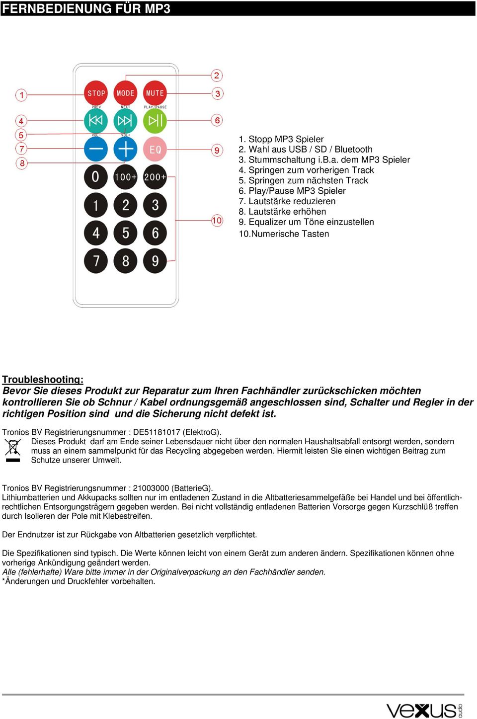 Numerische Tasten Troubleshooting: Bevor Sie dieses Produkt zur Reparatur zum Ihren Fachhändler zurückschicken möchten kontrollieren Sie ob Schnur / Kabel ordnungsgemäß angeschlossen sind, Schalter