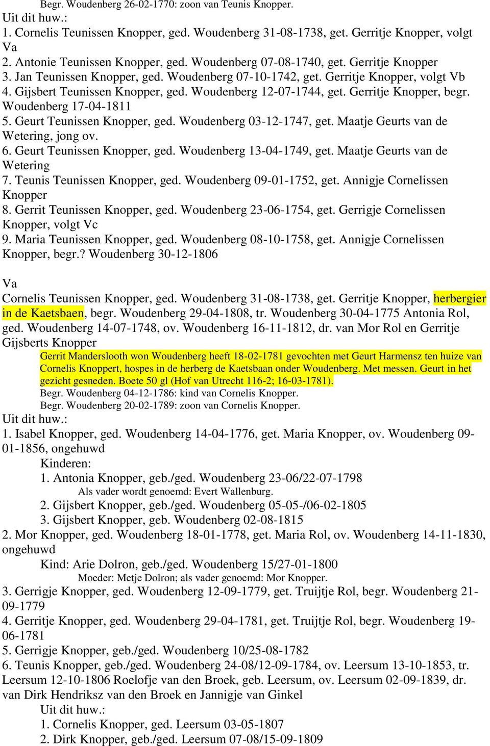 Gerritje Knopper, begr. Woudenberg 17-04-1811 5. Geurt Teunissen Knopper, ged. Woudenberg 03-12-1747, get. Maatje Geurts van de Wetering, jong ov. 6. Geurt Teunissen Knopper, ged. Woudenberg 13-04-1749, get.