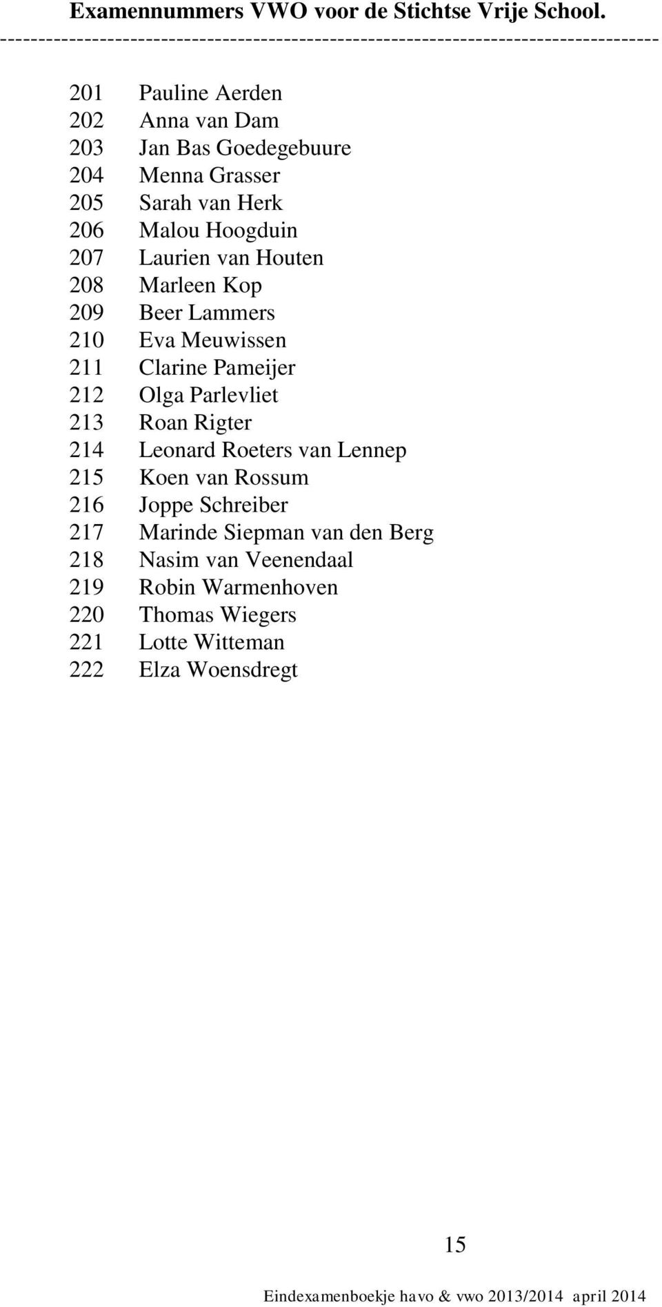 204 Menna Grasser 205 Sarah van Herk 206 Malou Hoogduin 207 Laurien van Houten 208 Marleen Kop 209 Beer Lammers 210 Eva Meuwissen 211 Clarine