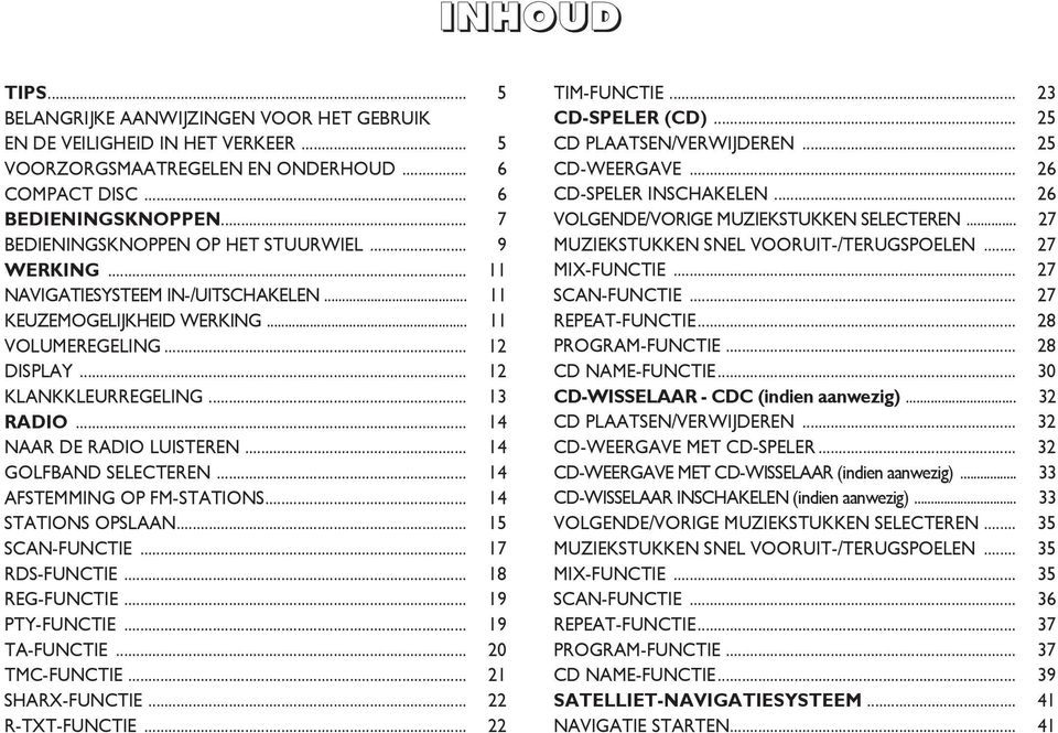 .. 14 NAAR DE RADIO LUISTEREN... 14 GOLFBAND SELECTEREN... 14 AFSTEMMING OP FM-STATIONS... 14 STATIONS OPSLAAN... 15 SCAN-FUNCTIE... 17 RDS-FUNCTIE... 18 REG-FUNCTIE... 19 PTY-FUNCTIE... 19 TA-FUNCTIE.