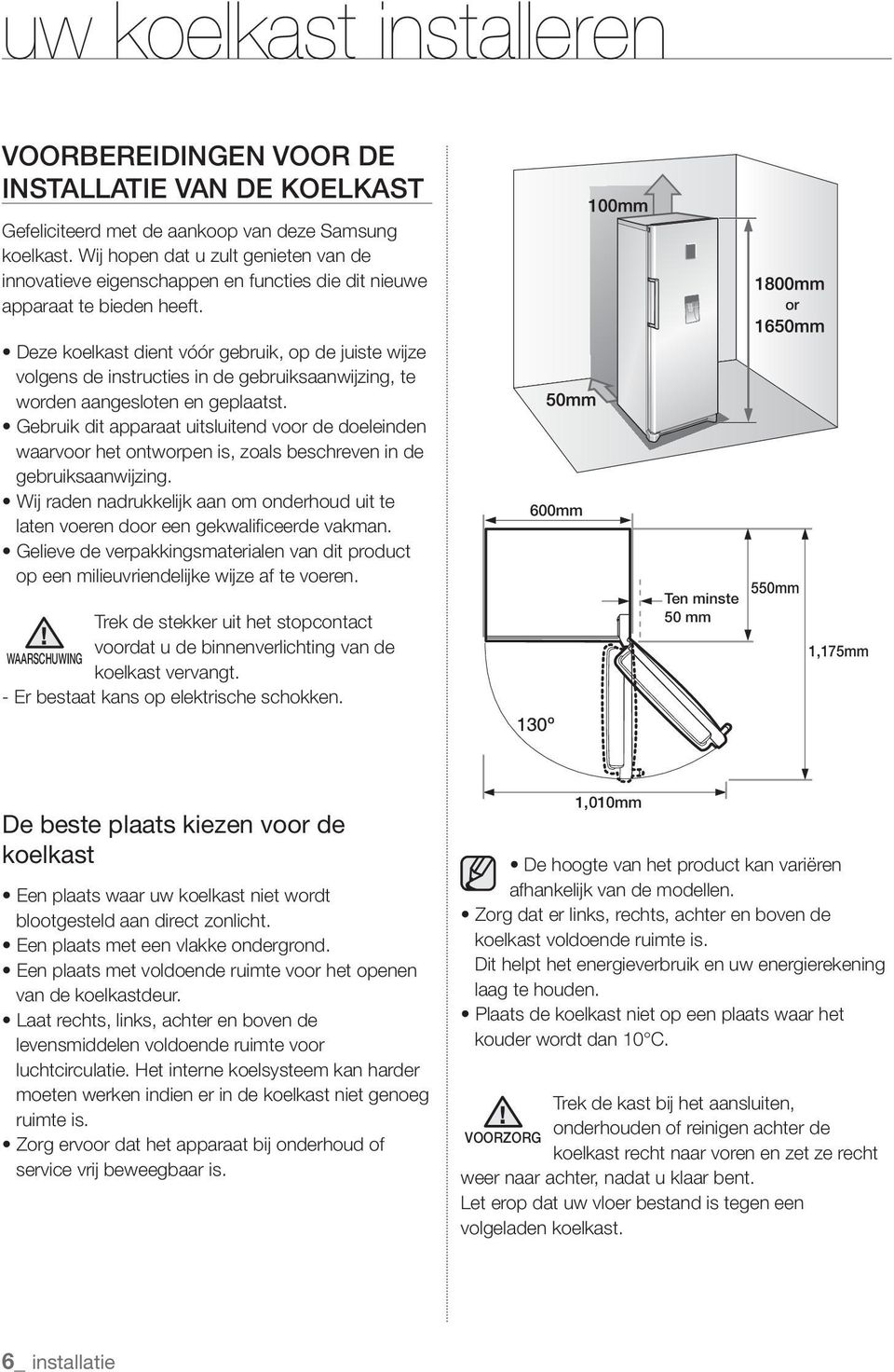 or Deze koelkast dient vóór gebruik, op de juiste wijze volgens de instructies in de gebruiksaanwijzing, te worden aangesloten en geplaatst.