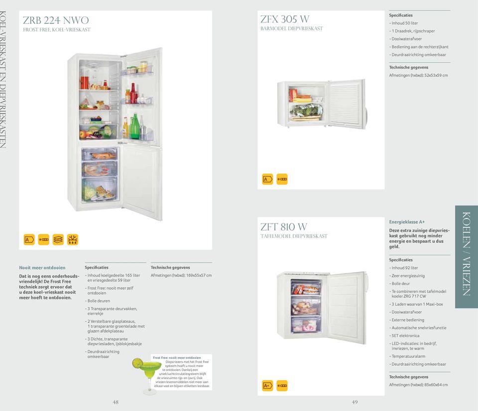 --Inhoud koelgedeelte 165 liter en vriesgedeelte 59 liter --Frost Free: nooit meer zelf ontdooien --Bolle deuren --3 Transparante deurvakken, eierrekje --2 Verstelbare glasplateaus, 1 transparante