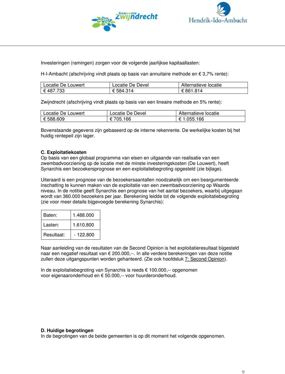 609 705.166 1.055.166 Bovenstaande gegevens zijn gebaseerd op de interne rekenrente. De werkelijke kosten bij het huidig rentepeil zijn lager. C.