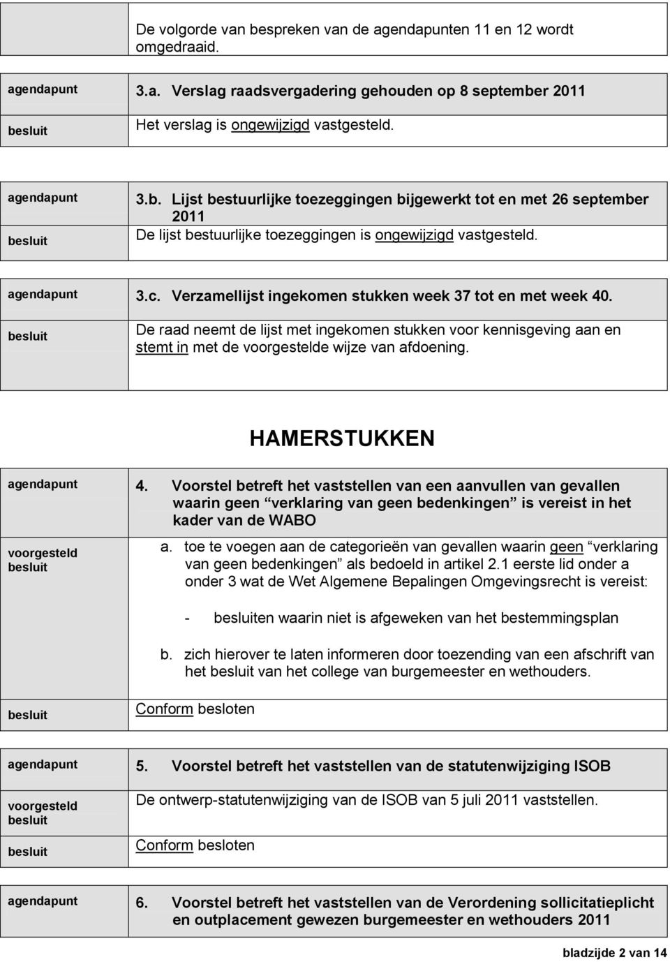 Voorstel betreft het vaststellen van een aanvullen van gevallen waarin geen verklaring van geen bedenkingen is vereist in het kader van de WABO voorgesteld a.