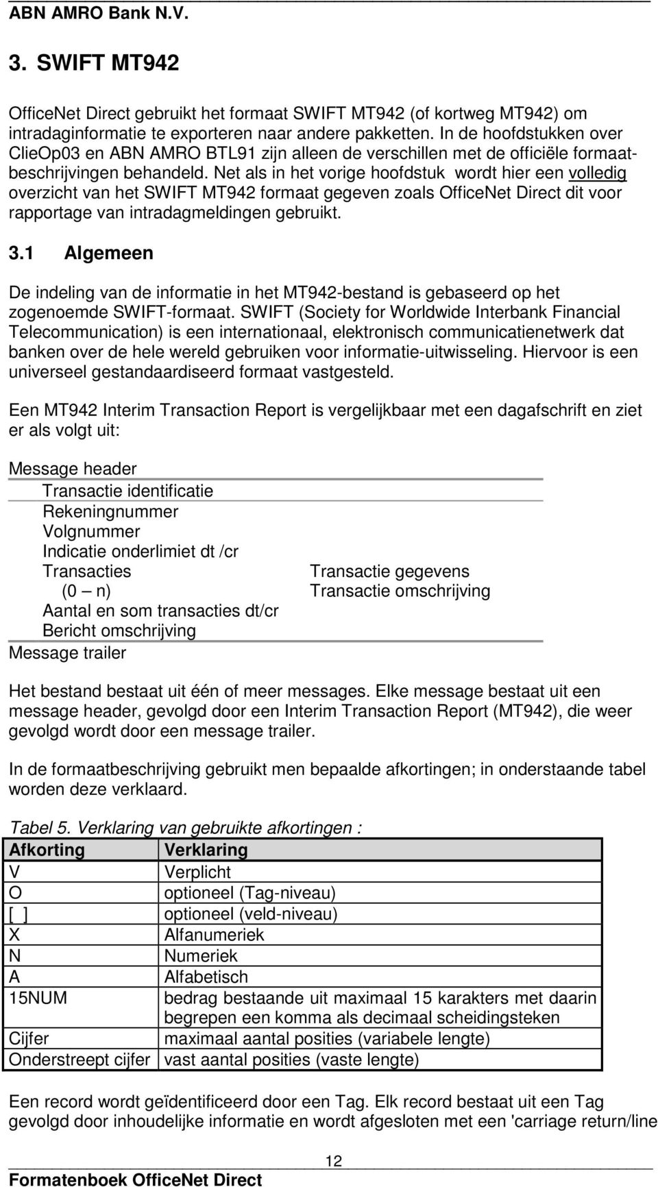 Net als in het vorige hoofdstuk wordt hier een volledig overzicht van het SWIFT MT942 formaat gegeven zoals OfficeNet Direct dit voor rapportage van intradagmeldingen gebruikt. 3.