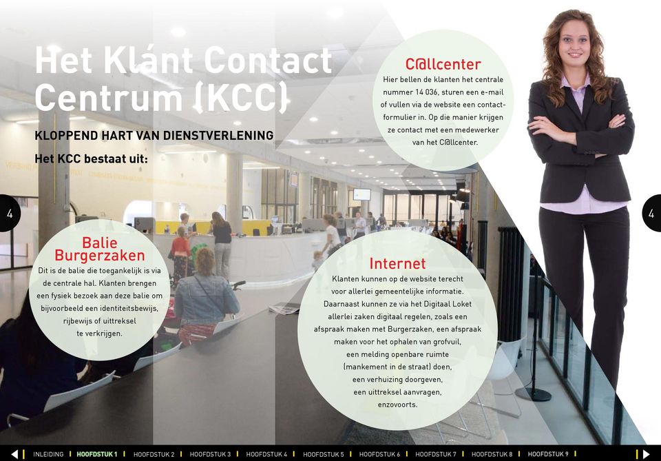 Het KCC bestaat uit: 4 4 Balie Burgerzaken Internet Dit is de balie die toegankelijk is via Klanten kunnen op de website terecht de centrale hal.