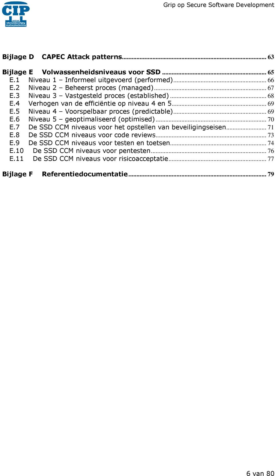 .. 70 E.7 De SSD CCM niveaus voor het opstellen van beveiligingseisen... 71 E.8 De SSD CCM niveaus voor code reviews... 73 E.9 De SSD CCM niveaus voor testen en toetsen... 74 E.