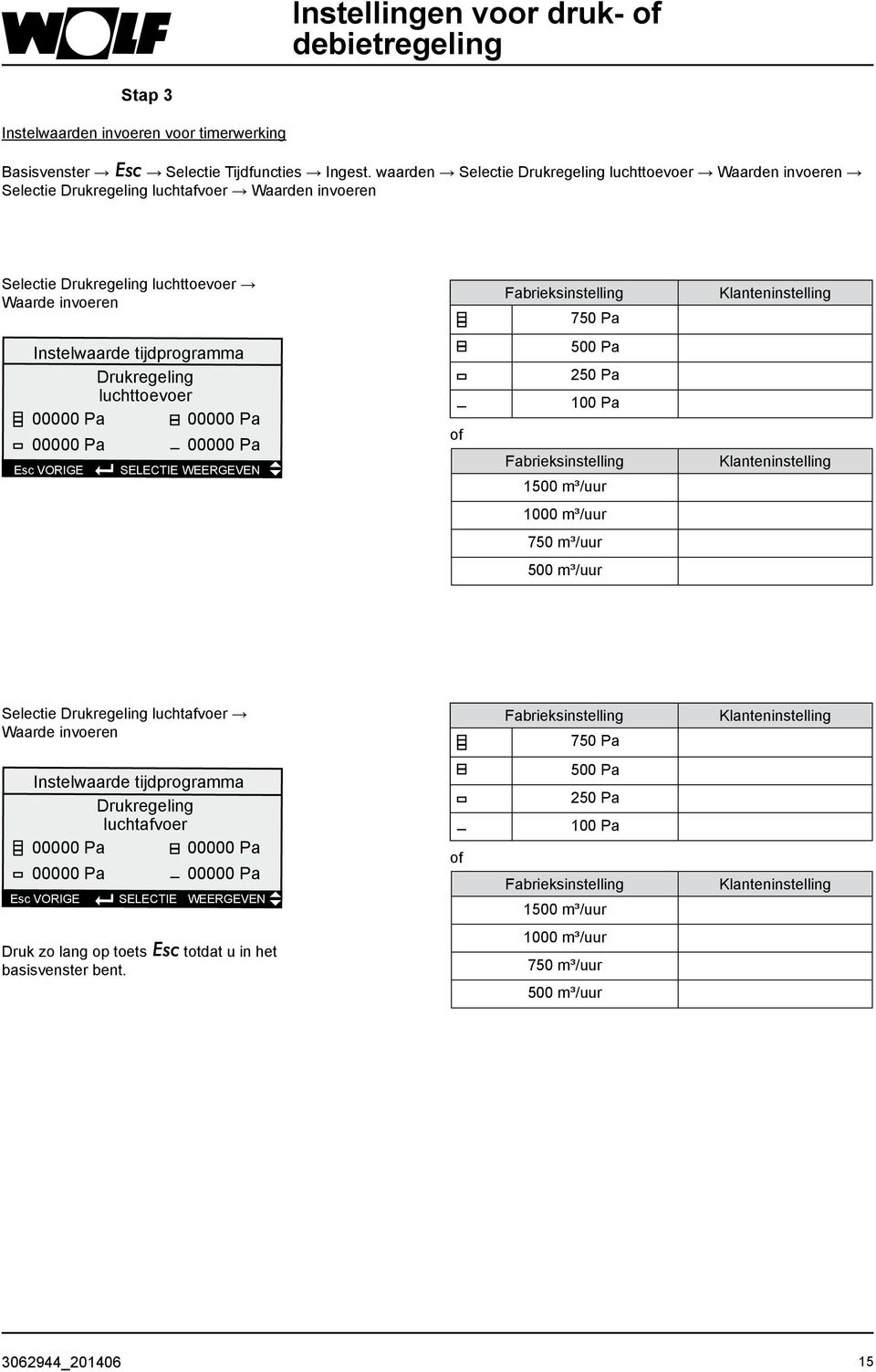 tijdprogramma Drukregeling luchttoevoer 00000 Pa 00000 Pa 00000 Pa 00000 Pa 500 Pa 250 Pa 100 Pa 1500 m³/uur 1000 m³/uur 750 m³/uur 500 m³/uur Selectie Drukregeling luchtafvoer Waarde