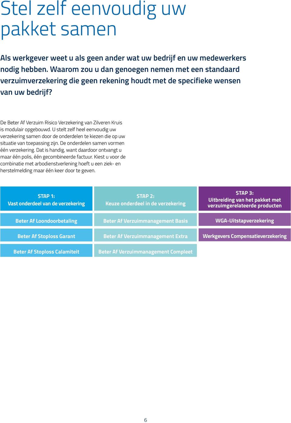 De Beter Af Verzuim Risico Verzekering van Zilveren Kruis is modulair opgebouwd. U stelt zelf heel eenvoudig uw verzekering samen door de onderdelen te kiezen die op uw situatie van toepassing zijn.