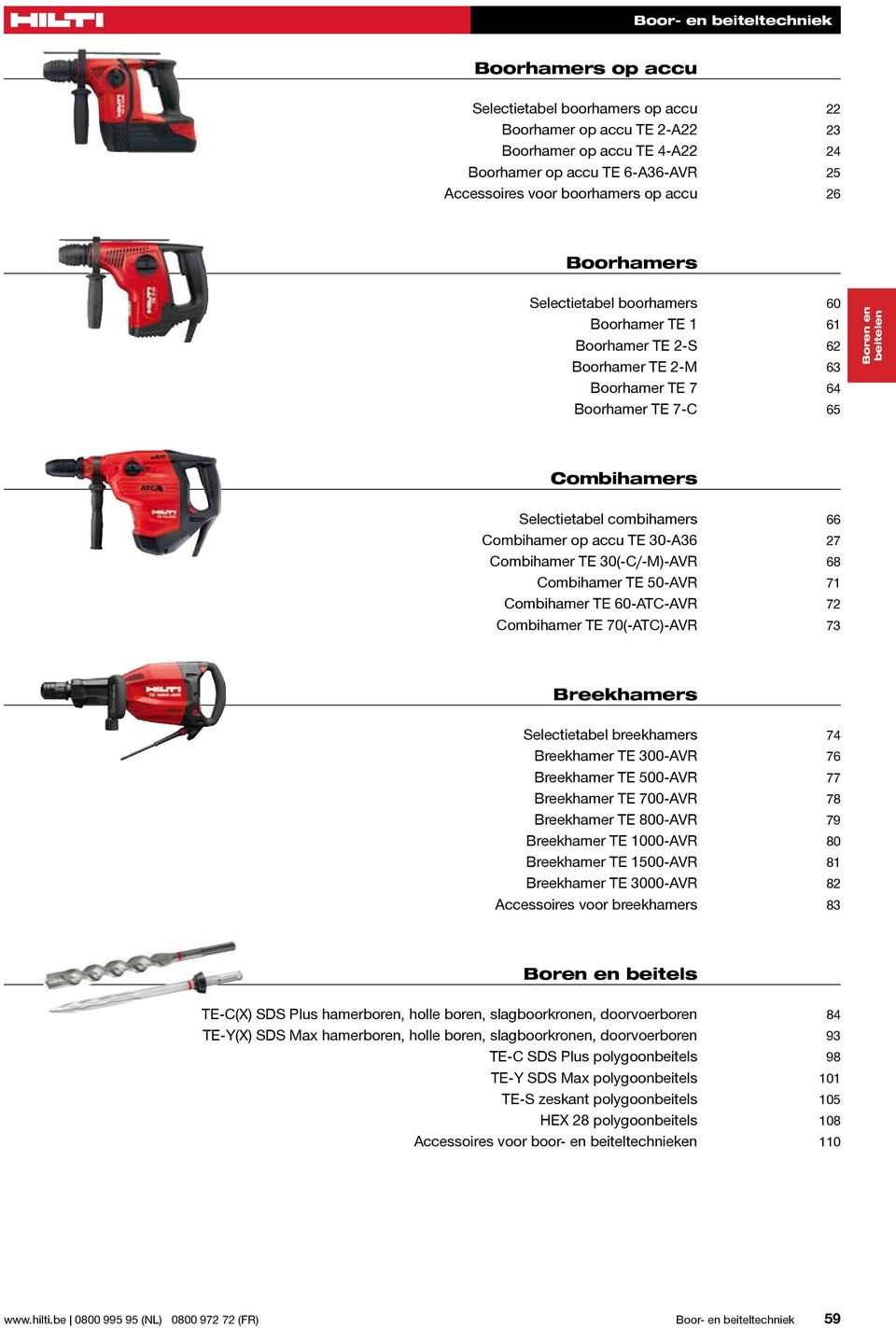 accu TE 30-A36 27 Combihamer TE 30(-C/-M)-AVR 68 Combihamer TE 50-AVR 71 Combihamer TE 60-ATC-AVR 72 Combihamer TE 70(-ATC)-AVR 73 Breekhamers Selectietabel breekhamers 74 Breekhamer TE 300-AVR 76